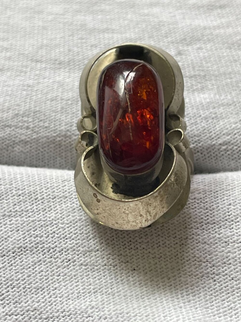 Vintage Huge Modernist Genuine Baltic Amber Silver Tone Statement Ring Sz 8